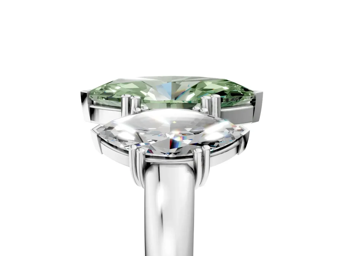 Fancy Green Three-Stone Marquise Cut Cut Diamond Ring with Channel Set Band and Four-Prong Setting Silver