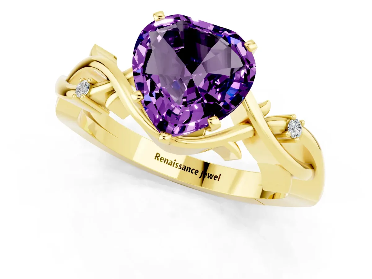Heart Cut Amethyst Solitaire Ring with Twisted Band and Prong Setting Yellow gold