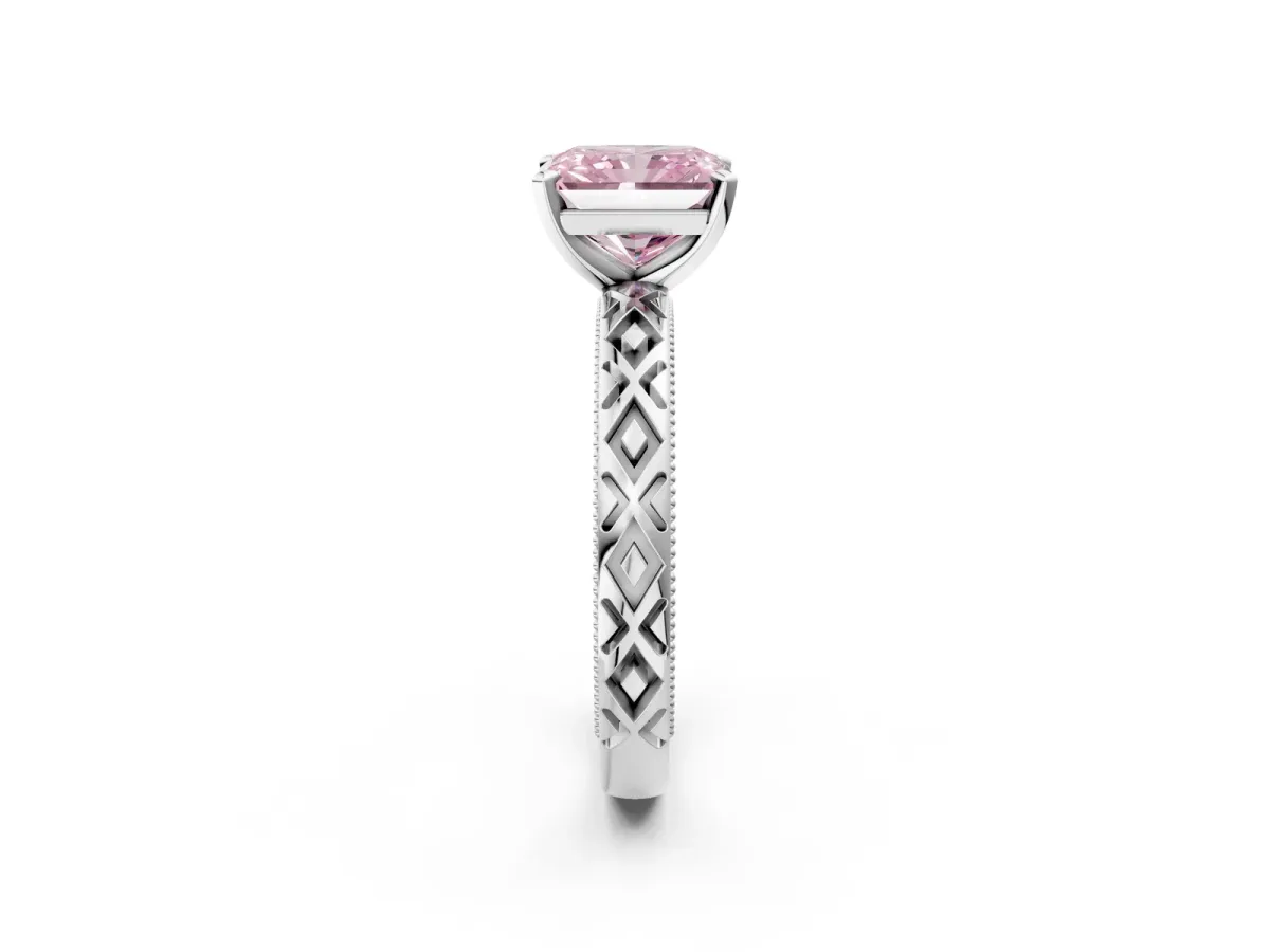 Fancy Pink Radiant Cut Solitaire Diamond Ring with Milgrain and Black Enamel X Pattern Band Platinum