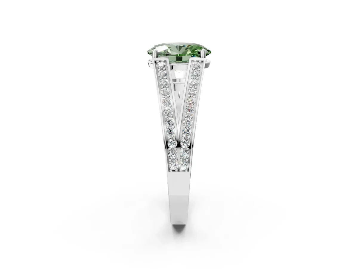 Fancy Green Oval Cut Diamond Split Shank Ring with Pavé Band and Four-Prong Setting White gold