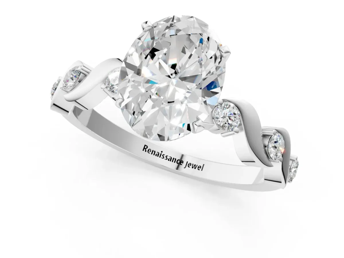 Oval Cut Diamond Solitaire Twisted Band with Round Accents and Prong Setting Silver