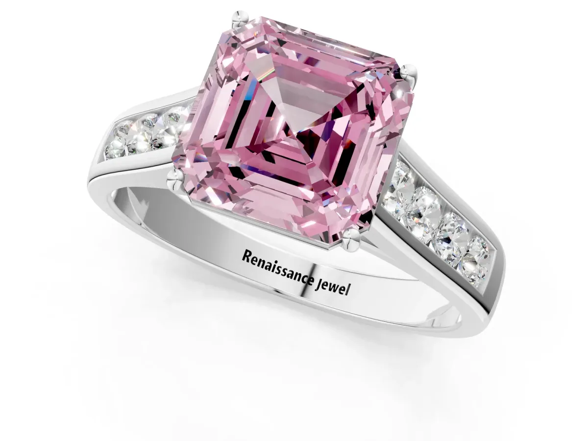 Fancy Pink Asscher Cut Solitaire Channel-Set Diamond Engagement Ring with Four-Prong Setting Platinum
