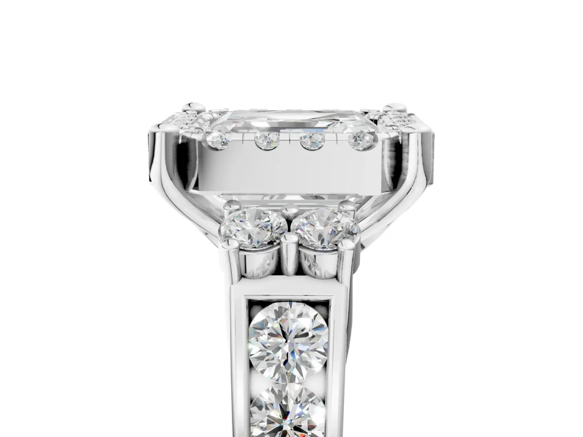 Asscher Cut Halo Diamond Engagement Ring with Split Shank and Four-Prong Setting Platinum
