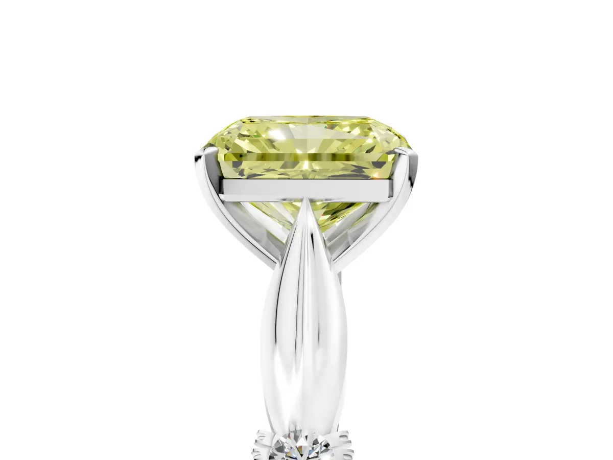 Fancy Yellow Radiant Cut Solitaire Diamond Twisted Band with Four-Prong Setting Platinum
