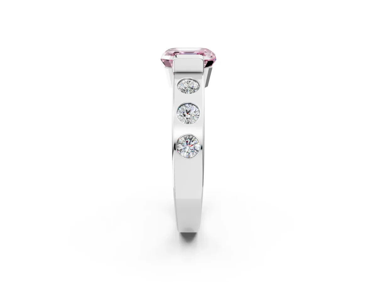 Fancy Pink Asscher Cut Brilliant Channel-Set Diamond Ring with Bezel Prong Setting Platinum