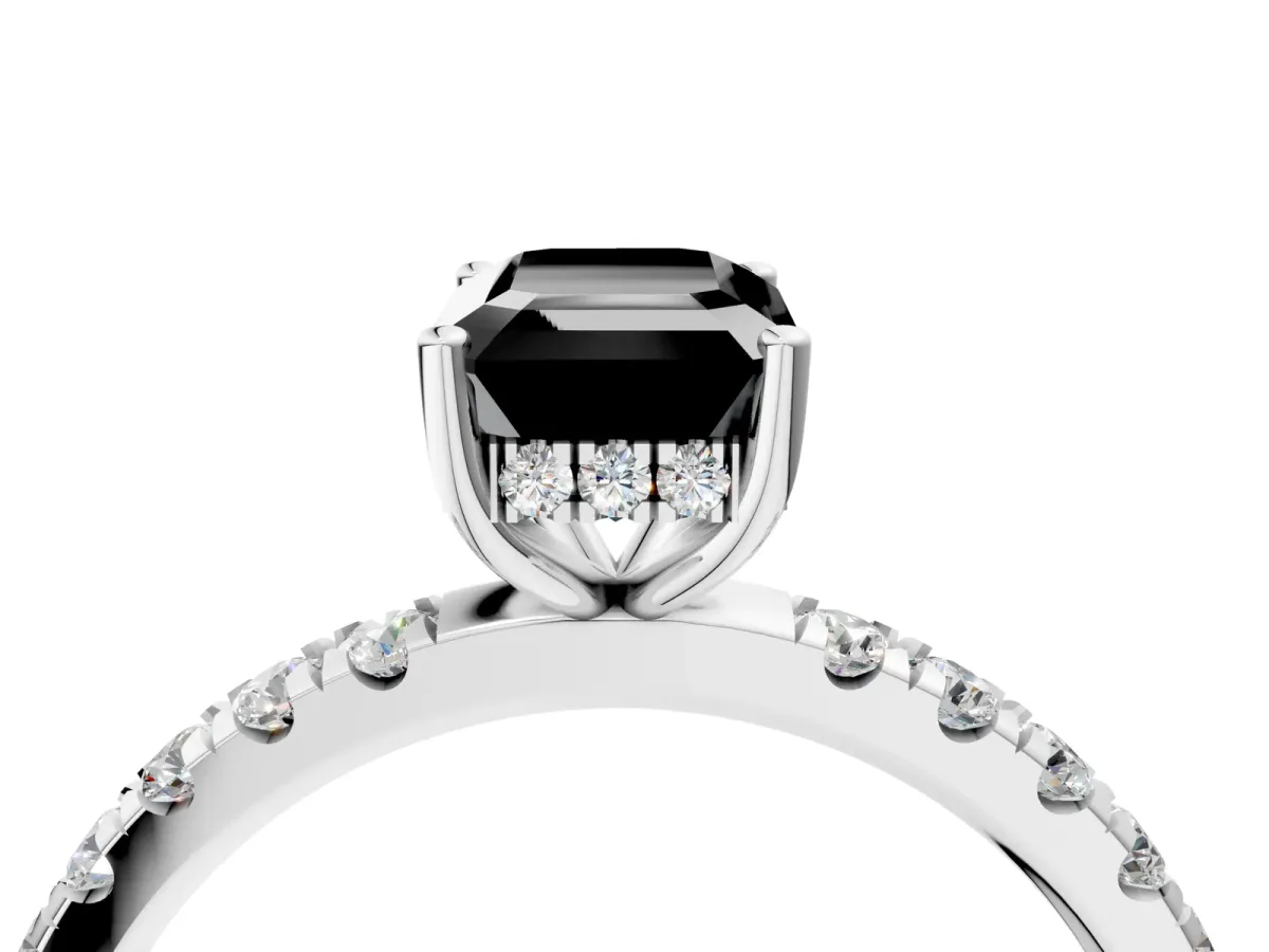 Fancy Black Emerald Cut Diamond Pave Band Solitaire Ring with Round and Prong Setting Platinum