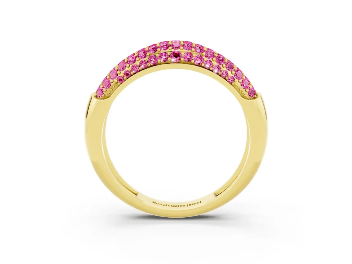 Three-Row Pavé Round Pink Sapphire Dome Band Yellow gold