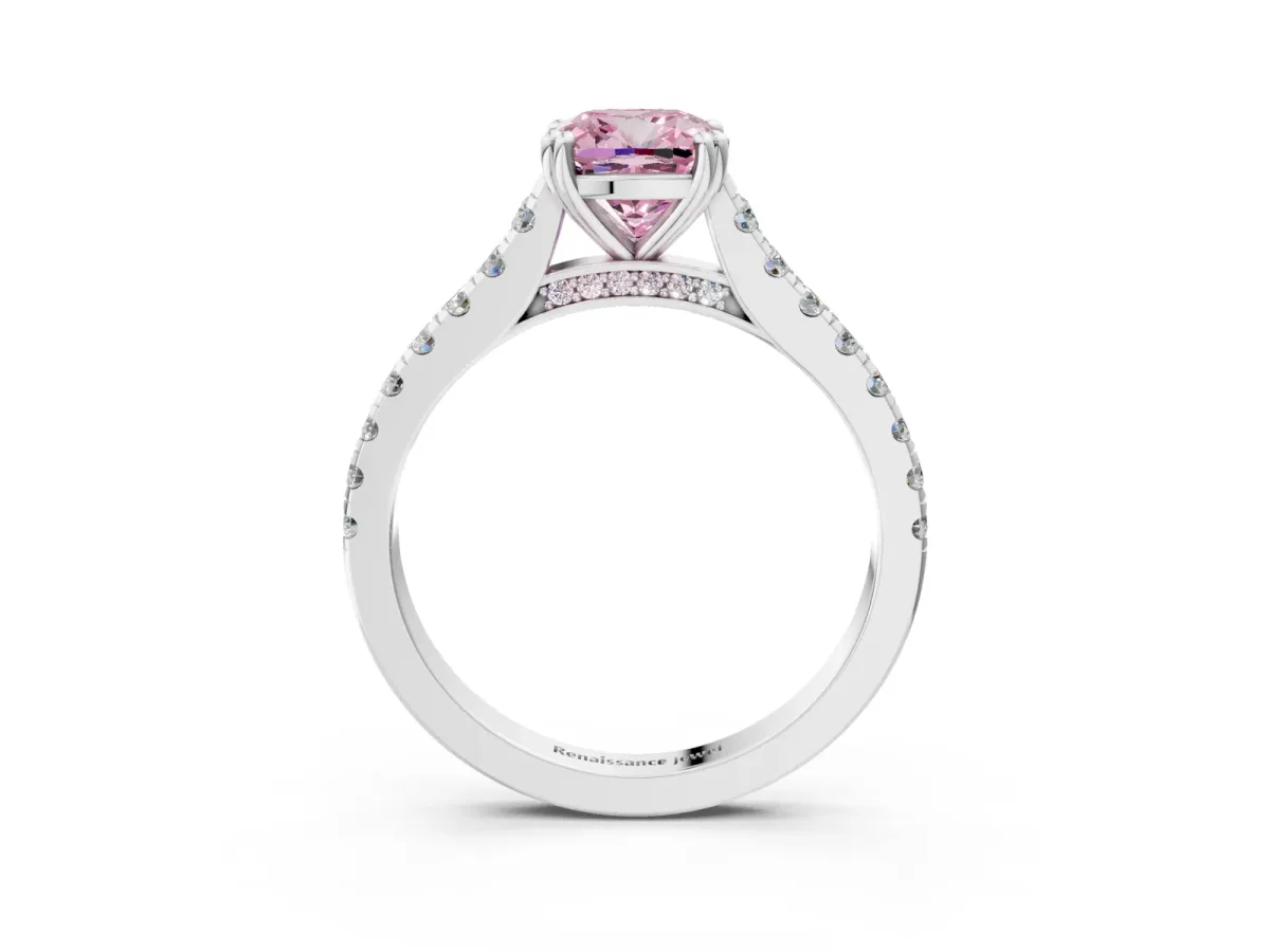 Fancy Pink Cushion Cut Solitaire Pave Diamond Engagement Ring with Prong Setting White gold