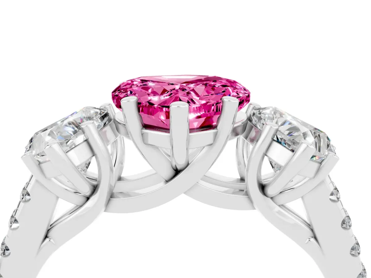 Three-Stone Heart Cut Pink Sapphire Ring with Round Pavé Band and Prong Setting Silver