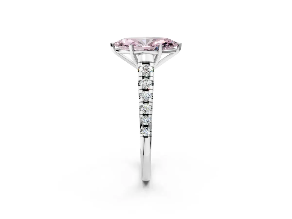Fancy Pink Marquise Cut Diamond Cathedral Solitaire Ring with Round Pavé Band Silver
