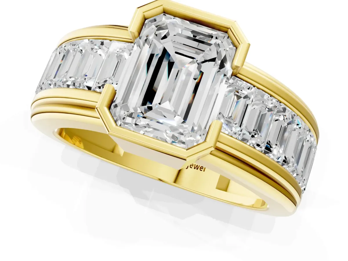 Emerald Cut Diamond Side Stone Engagement Ring Yellow gold