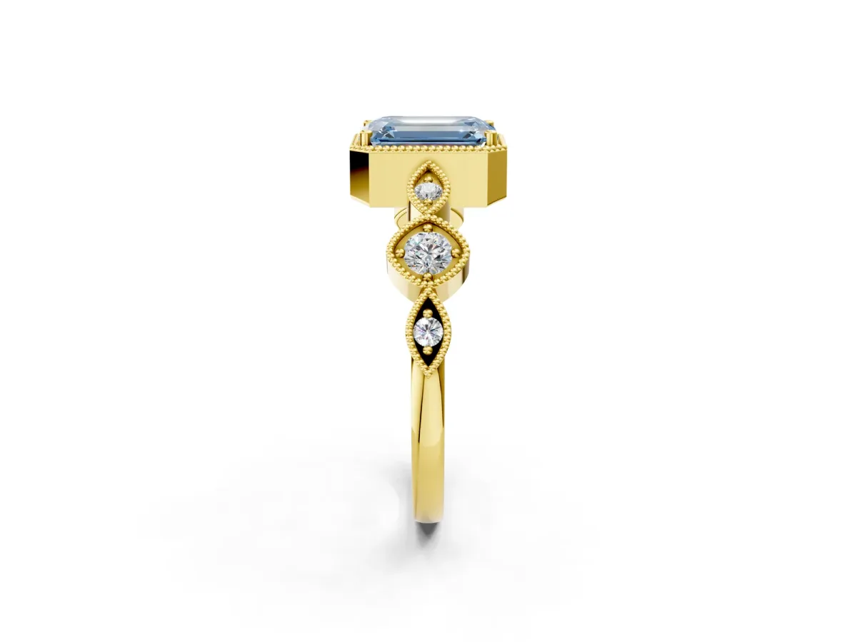 Fancy Blue Emerald Cut Diamond Vintage Milgrain Ring with Round Stations Yellow gold