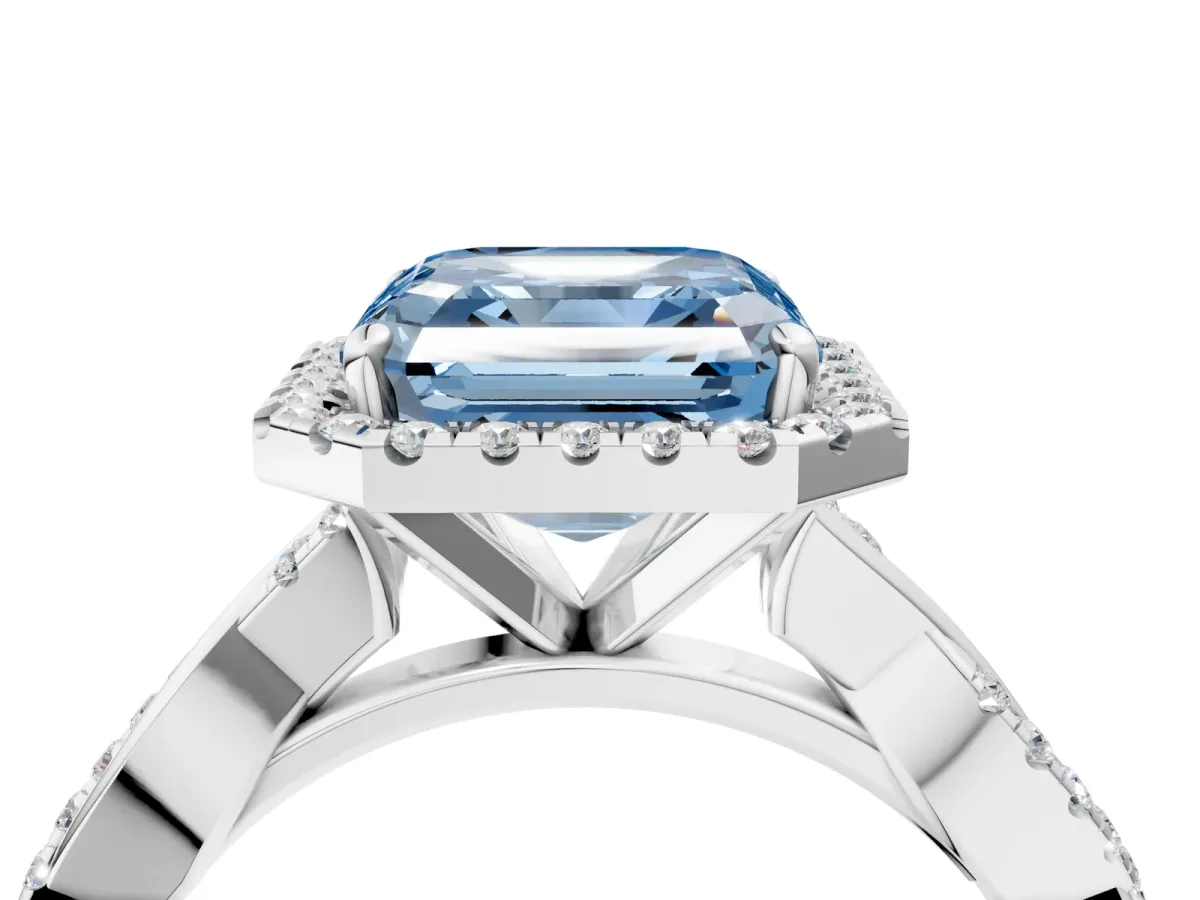 Fancy Blue Asscher Cut Cut Halo Twisted Band Four-Prong Ring Platinum