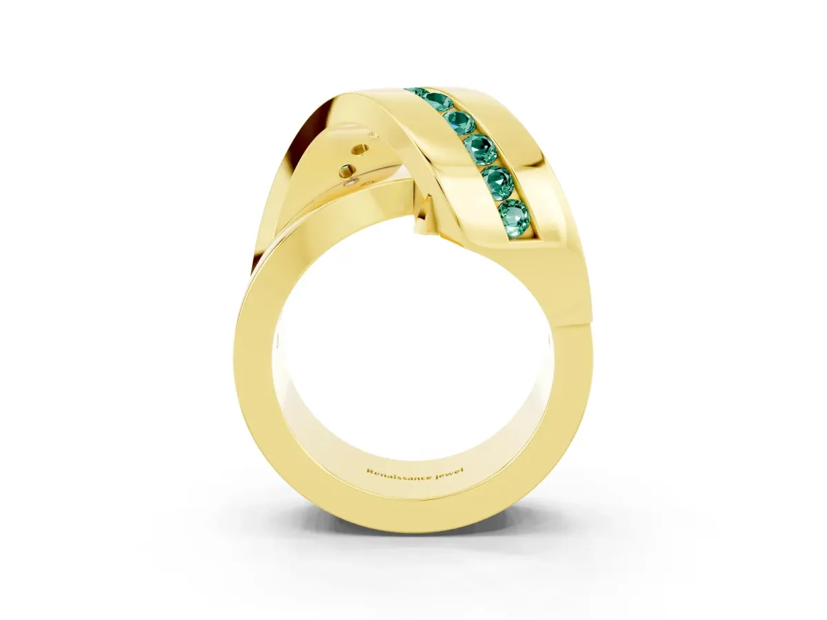 Pavé Round Green Sapphire Crossover Band with Channel Setting Yellow gold