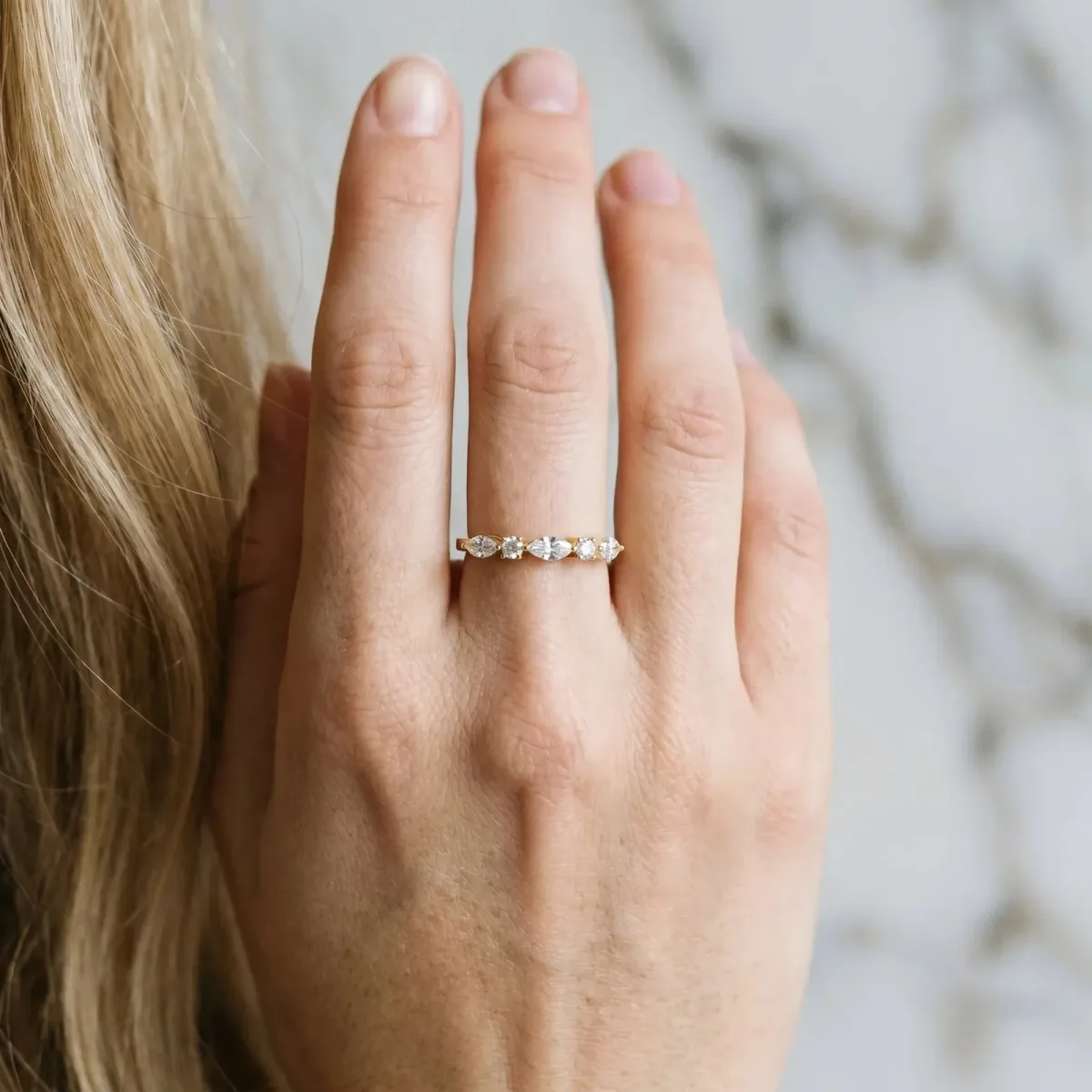 Prong Set Round Diamond Half-Eternity Band Yellow gold