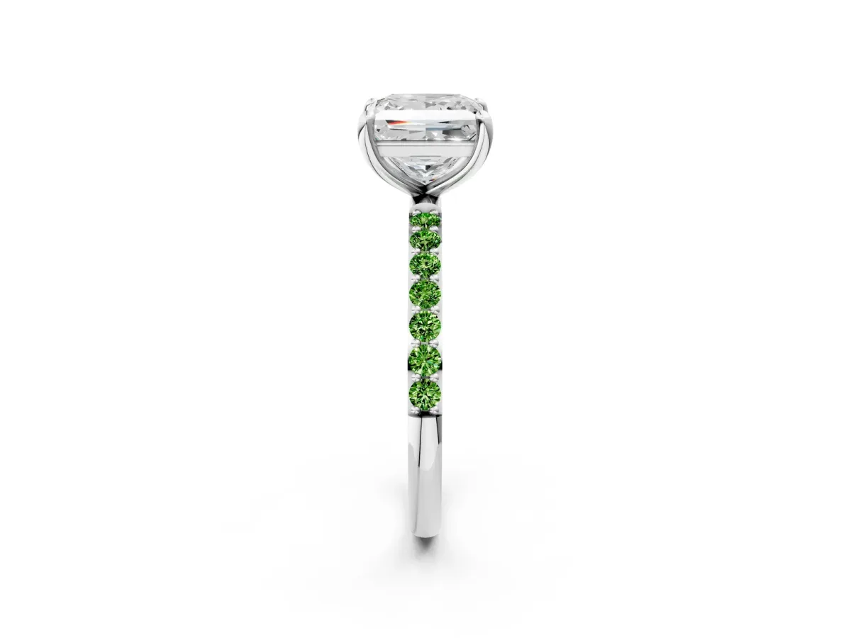 Princess Cut Diamond Solitaire Ring with Round Peridot Pavé Band and Prong Setting Silver