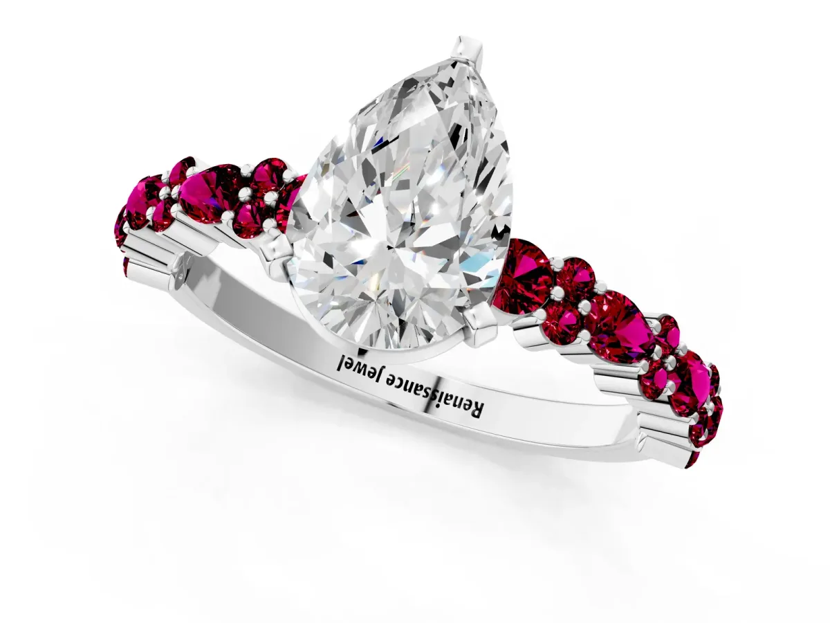 Pear Cut Diamond Side Stone Solitaire Ring with Round Garnet and Four-Prong Setting White gold