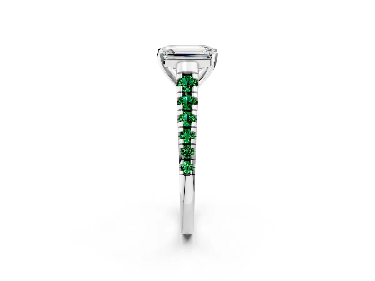 Emerald Cut Diamond Cathedral Solitaire Ring with Round Emerald Pavé Band Silver