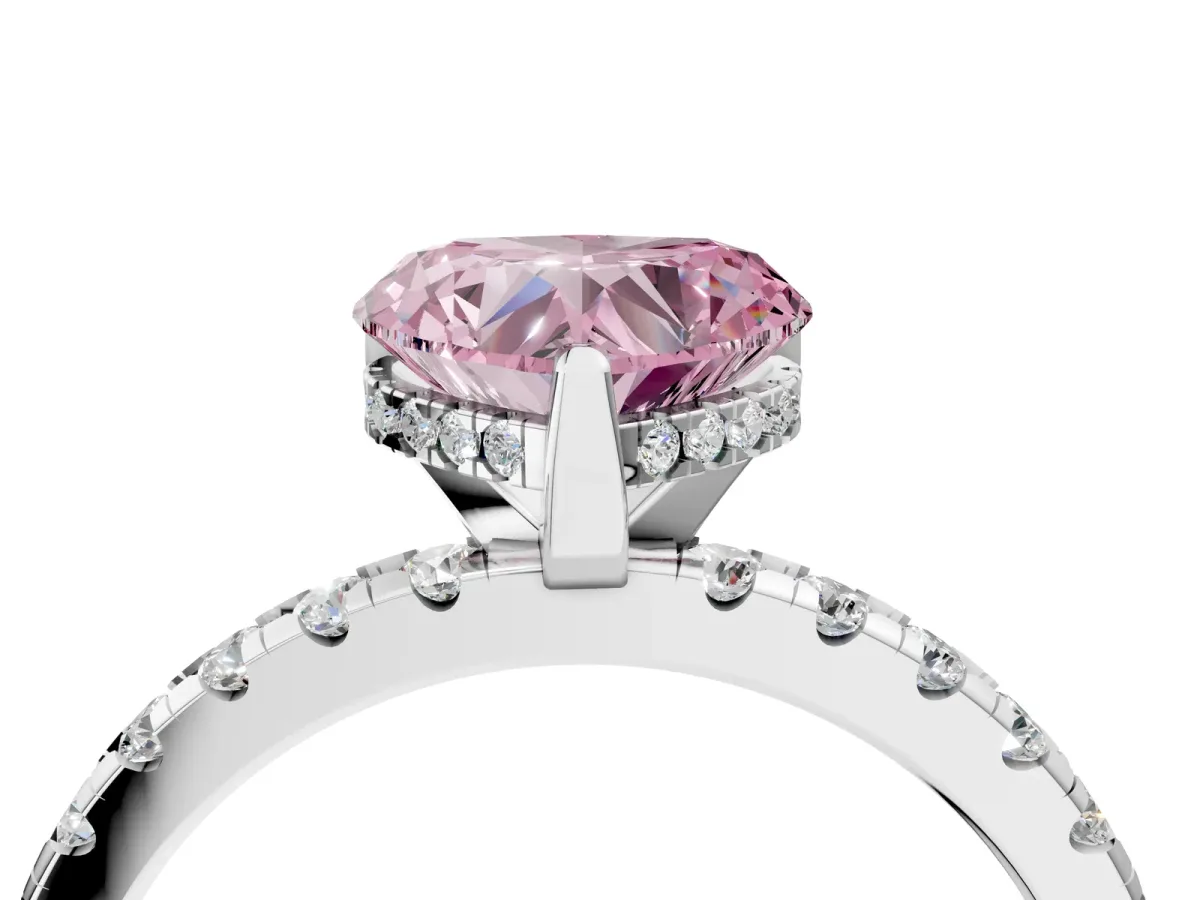 Fancy Pink Heart Cut Diamond Solitaire Ring with Round Pavé Band and Four-Prong Setting Silver