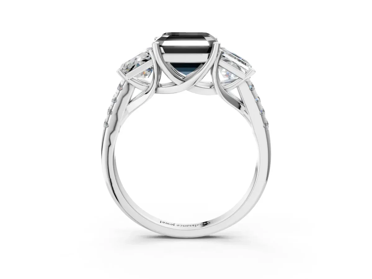 Fancy Black Three-Stone Asscher Cut Diamond Ring with Round Pavé Band and Prong Setting Silver