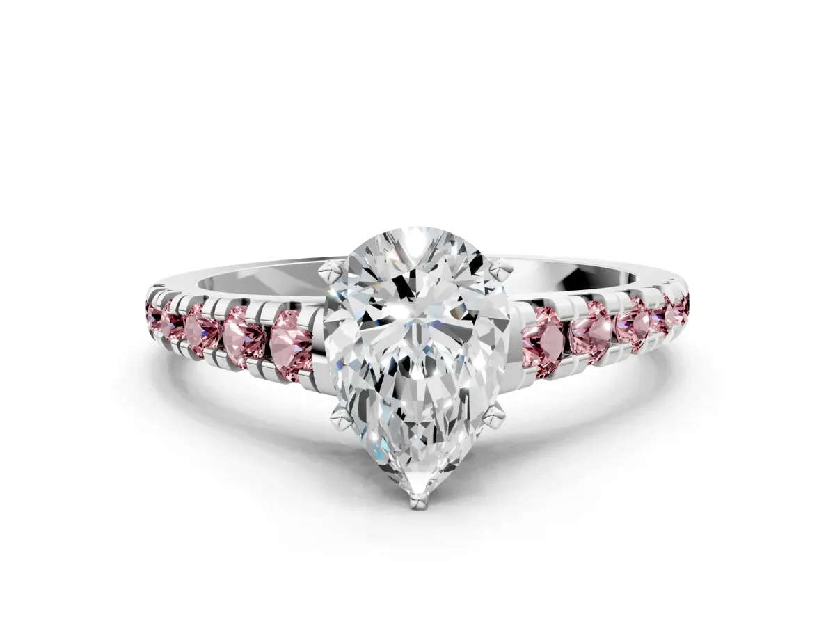 Pear Cut Diamond Cathedral Solitaire Ring with Round Morganite Pavé Band Silver
