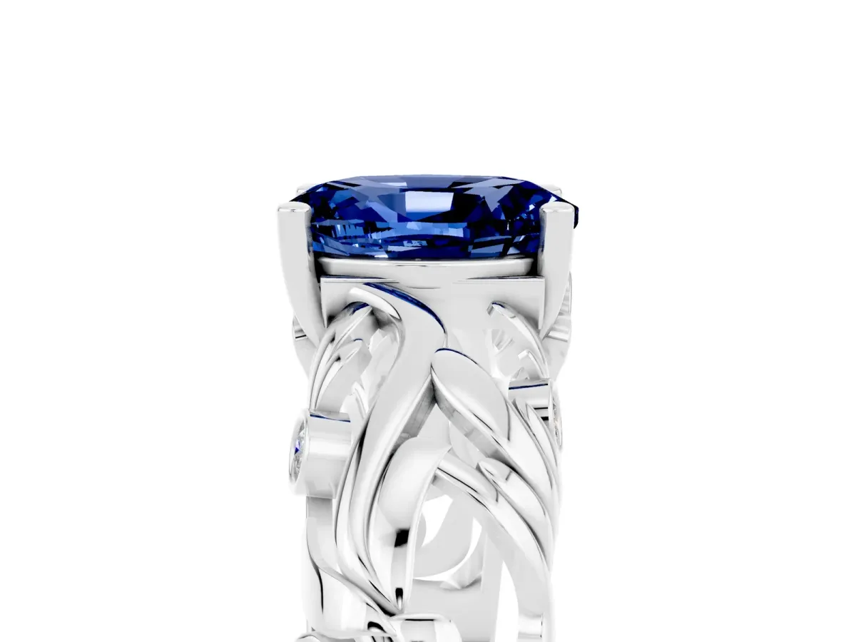 Oval Cut Solitaire Blue Sapphire Leaf-Inspired Vine Band Ring with Prong Setting White gold