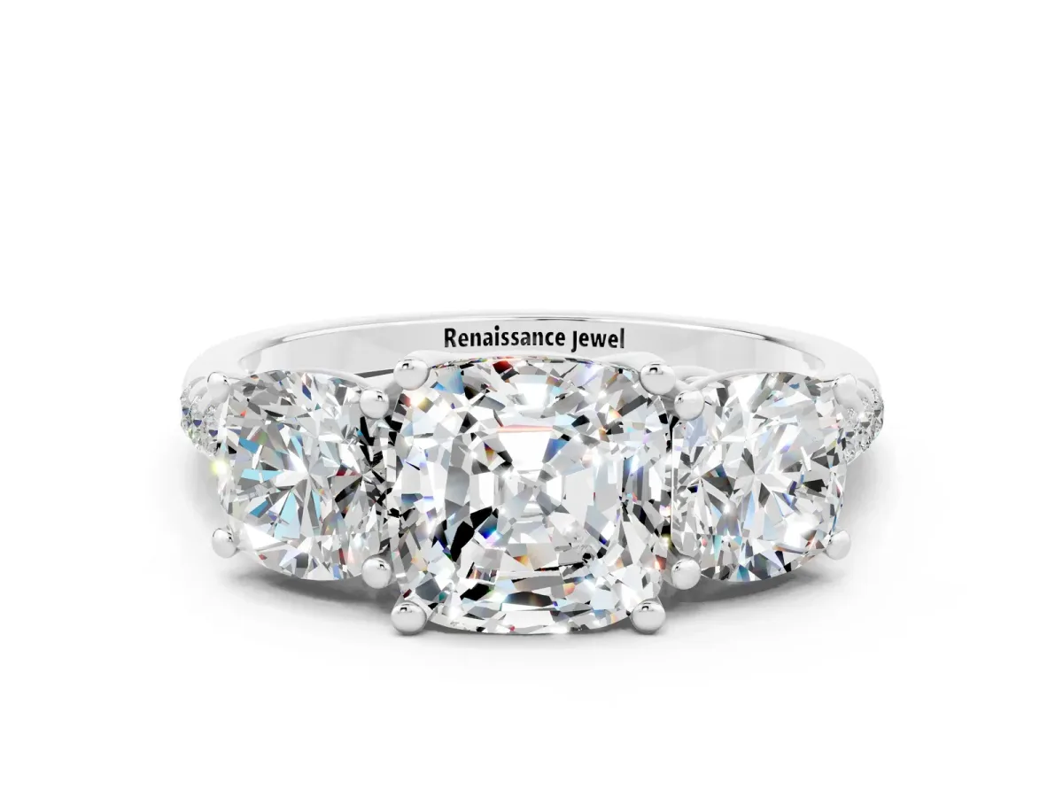 Three-Stone Cushion Cut Moissanite Ring with Round Pavé Band and Prong Setting Silver