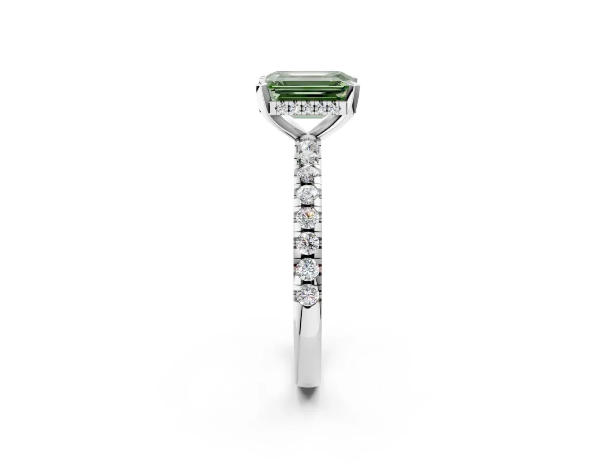 Fancy Green Emerald Cut Diamond Solitaire Ring with Round Pavé Band and Four-Prong Setting Silver