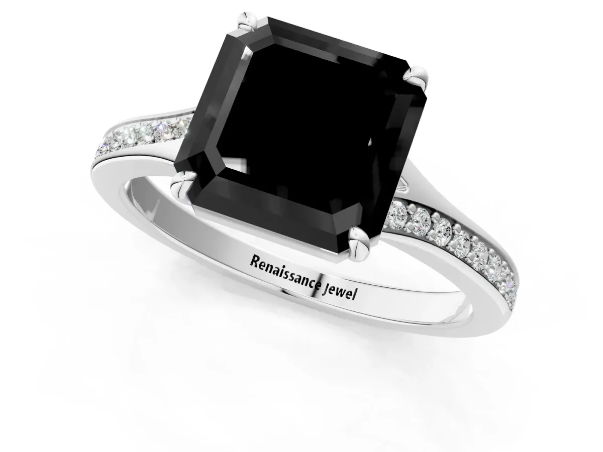 Fancy Black Asscher Cut Diamond Solitaire Ring with Pavé Band and Prong Setting Platinum