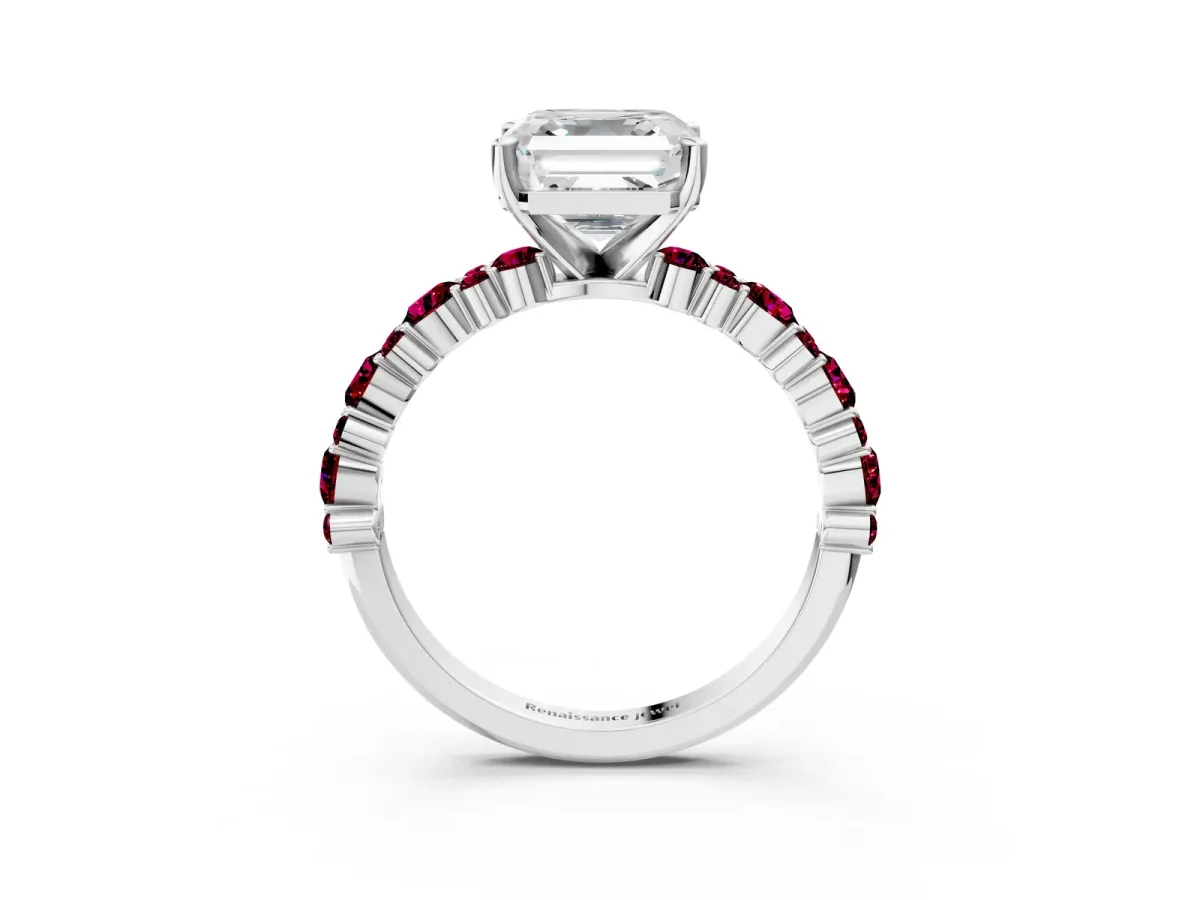 Asscher Cut Diamond Side Stone Solitaire Ring with Round Garnet and Four-Prong Setting Platinum