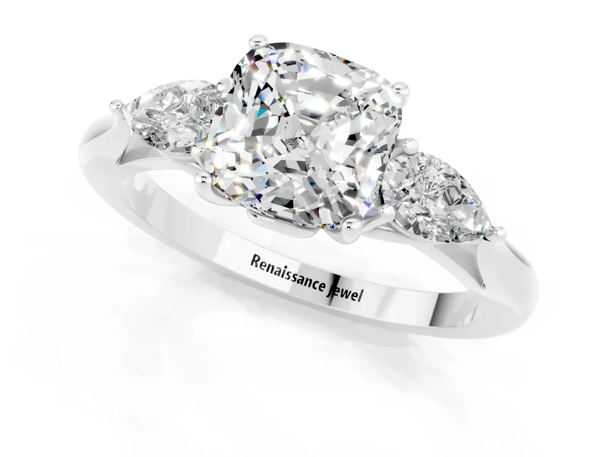 Three-Stone Cushion Cut Moissanite Ring with Pear Side Stones in Four-Prong Setting White gold