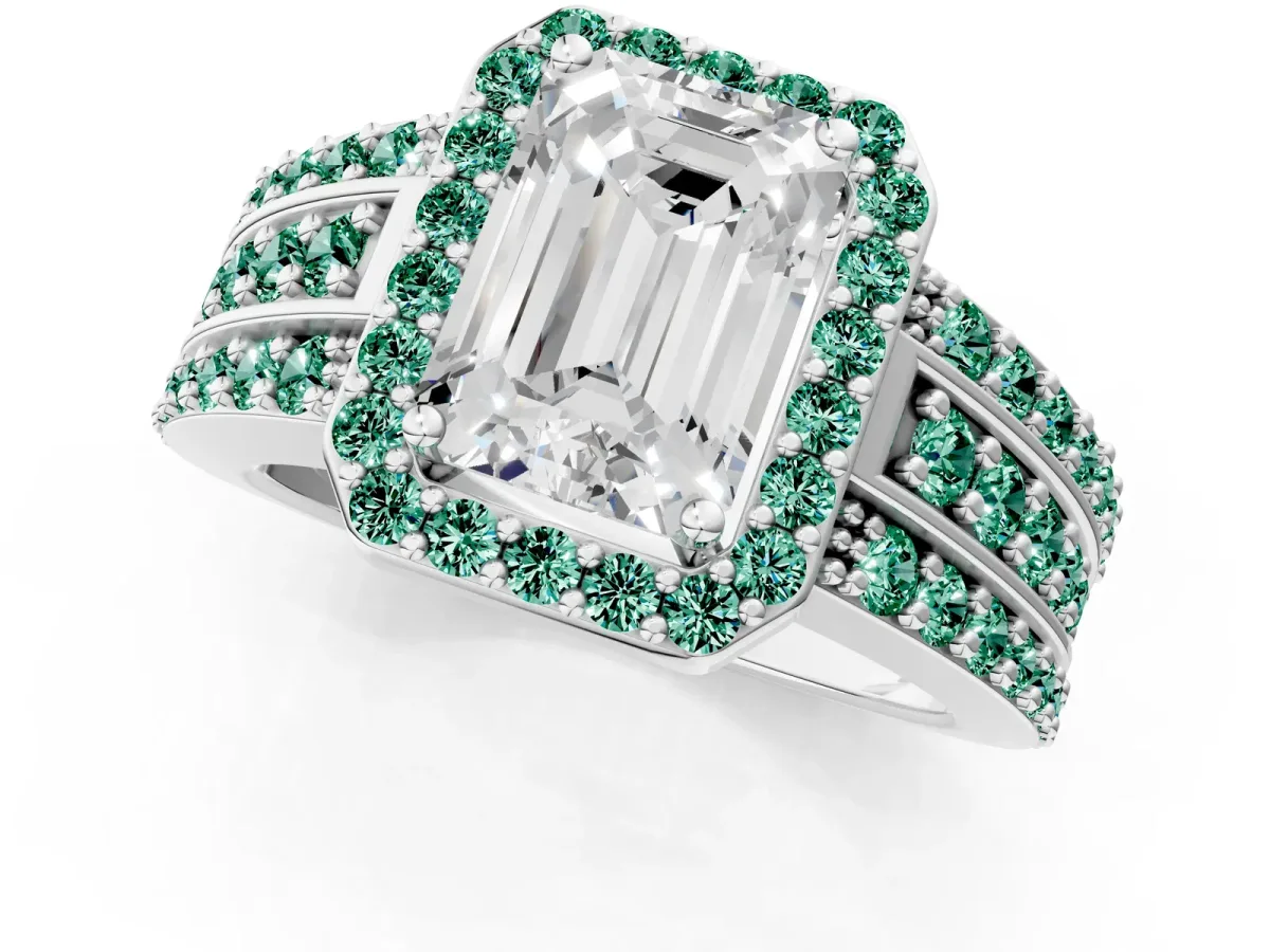 Emerald Cut Halo Diamond Ring with Round Green Sapphire Split Shank and Prong Setting Silver