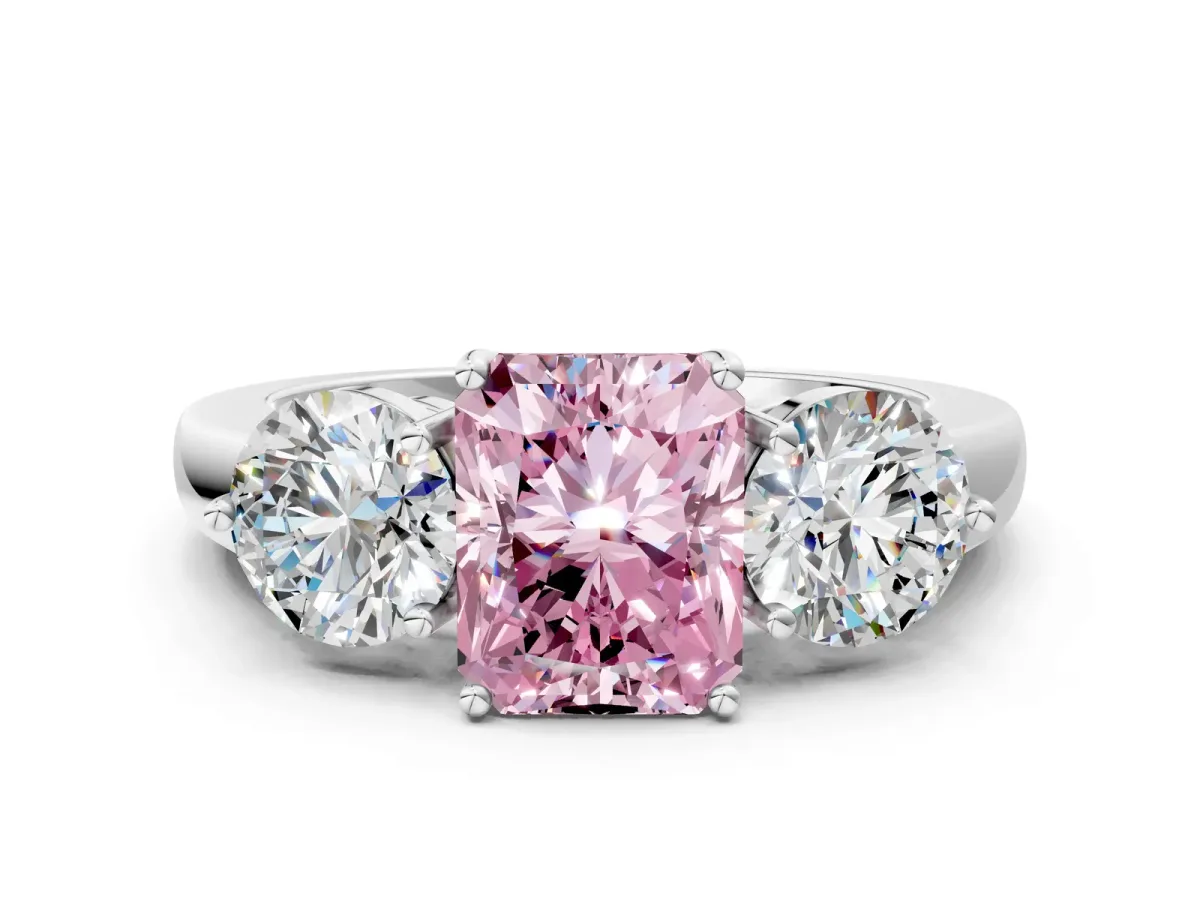 Fancy Pink Radiant Cut Diamond Three-Stone Ring with Prong Setting and Classic Band Platinum