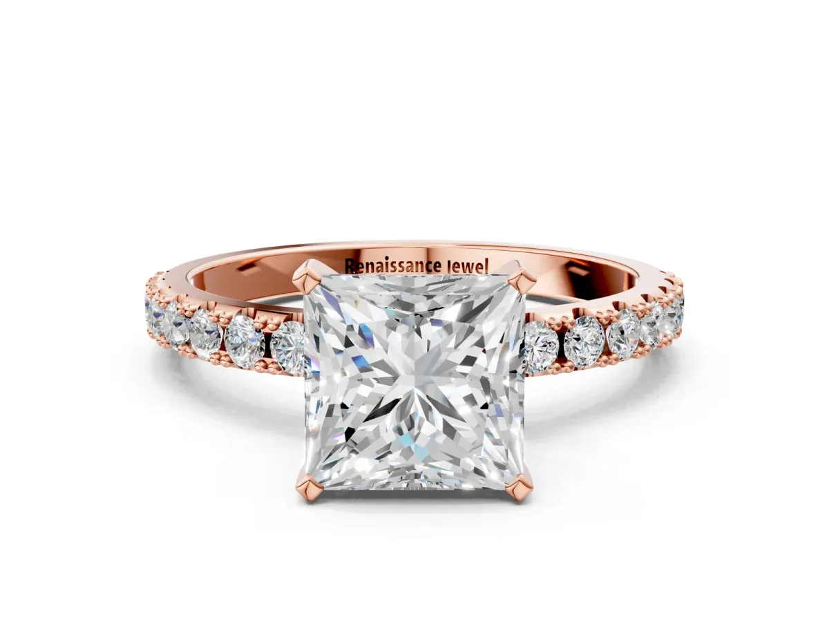 Princess Cut Diamond Solitaire Pavé Band with Four-Prong Setting Rose gold