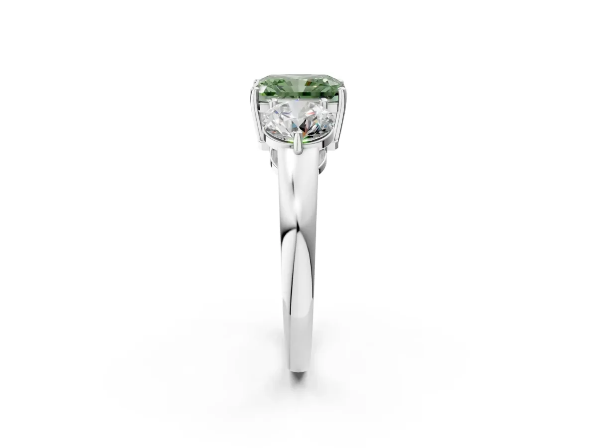 Fancy Green Radiant Cut Diamond Three-Stone Ring with Prong Setting and Classic Band Platinum