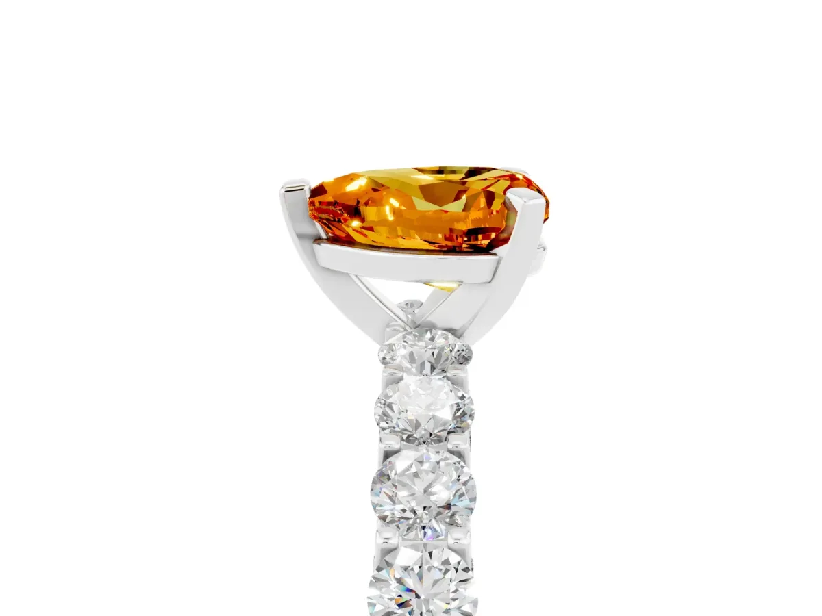 Heart Cut Citrine Solitaire Ring with Shared Prong Pavé Band and Four-Prong Setting Platinum