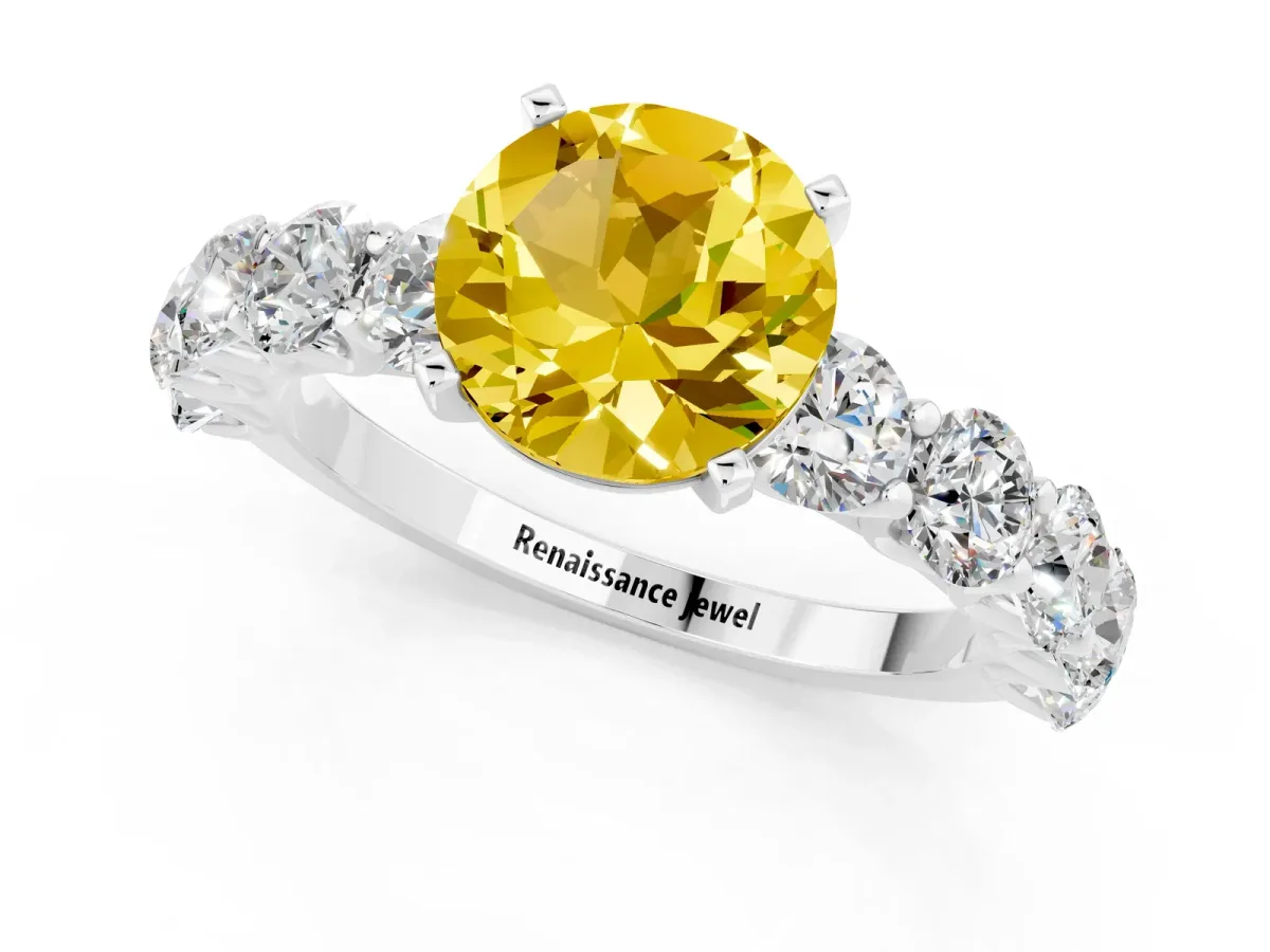 Round Cut Yellow Sapphire Prong Setting with Side Stones on a Pave Band Silver