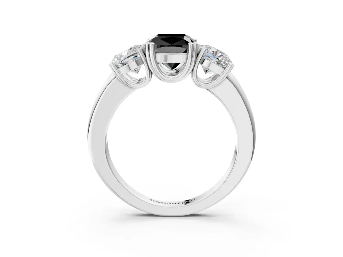 Fancy Black Three-Stone Cushion Cut Cut Diamond Ring with Channel Set Band and Four-Prong Setting Silver