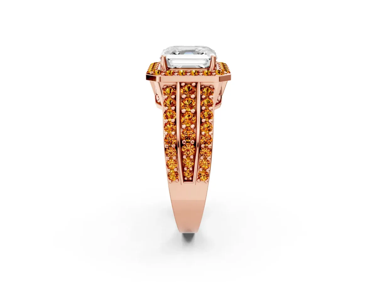 Asscher Cut Halo Diamond Ring with Round Citrine Split Shank and Prong Setting Rose gold