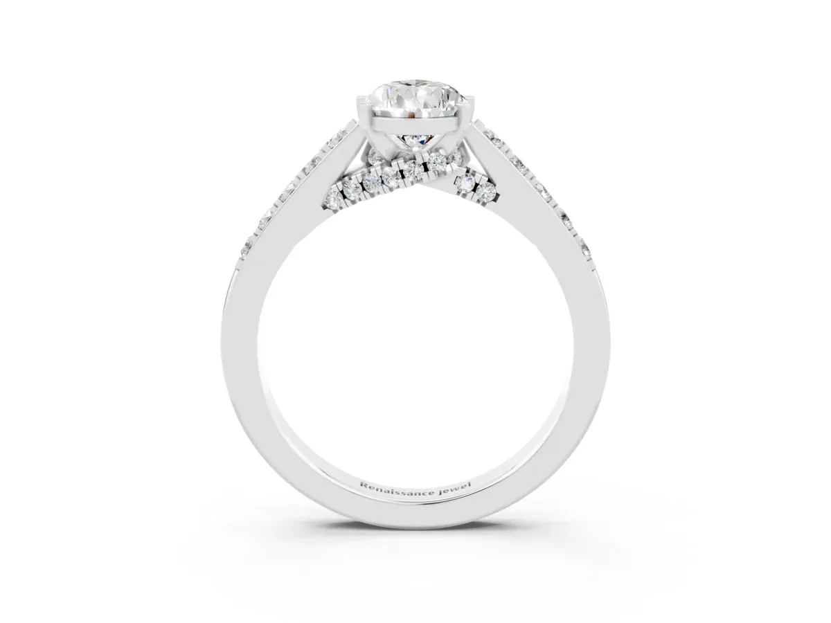 Pear Cut Moissanite Solitaire Ring with Crossover Gallery and Round Pavé Band Silver
