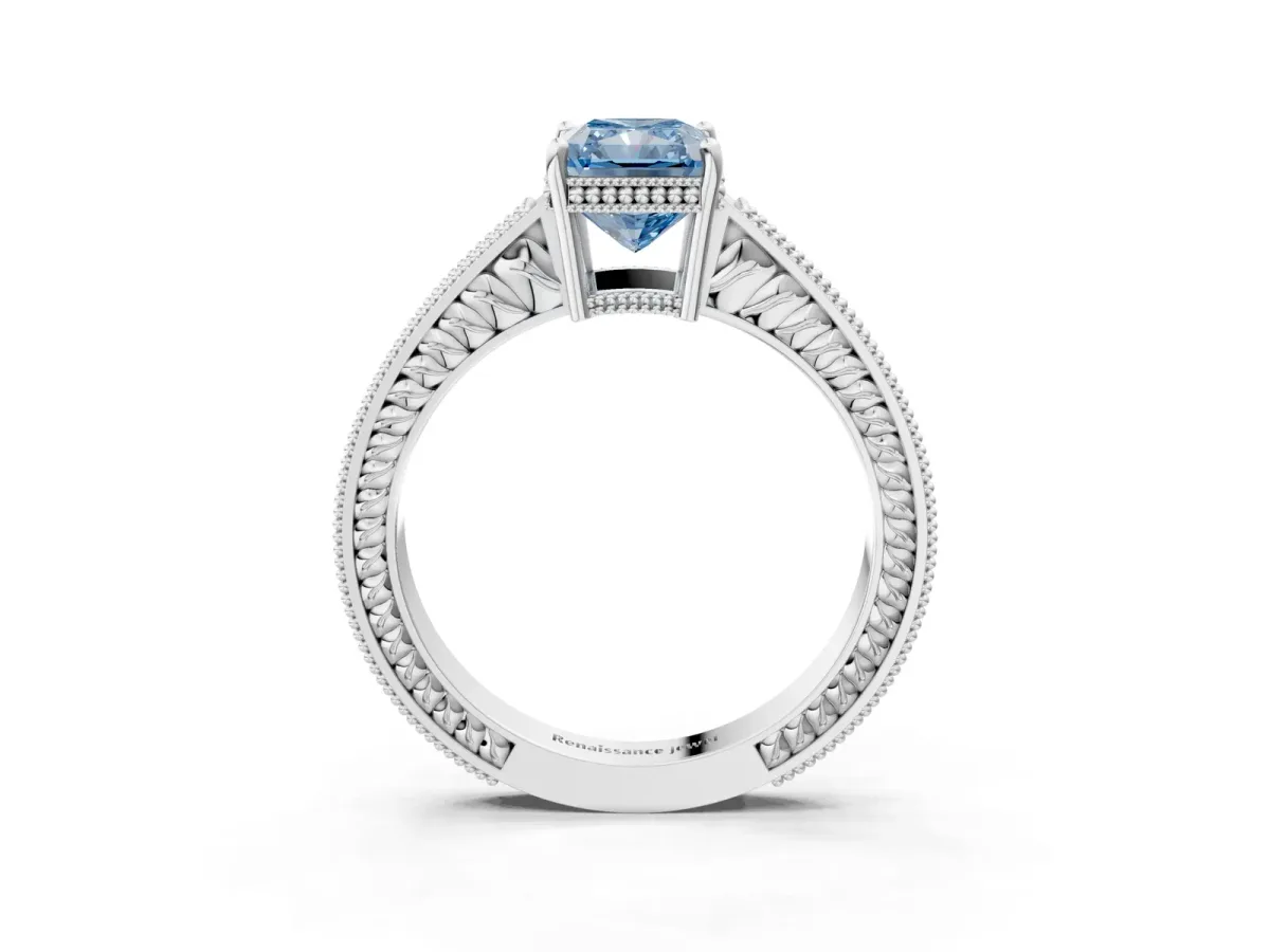 Fancy Blue Radiant Cut Cut Diamond Milgrain Pave Band Four-Prong Setting Ring Platinum