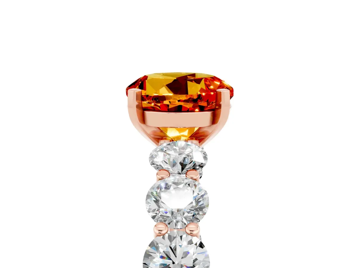 Round Cut Citrine Prong Setting with Side Stones on a Pave Band Rose gold
