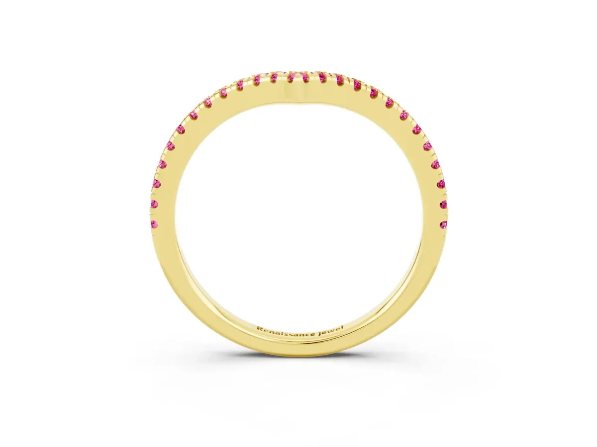 Pavé Round Pink Sapphire V-Shaped Chevron Band with Shared Prong Setting Yellow gold