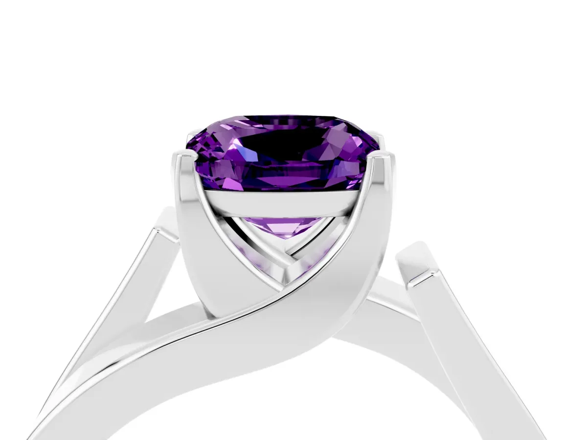 Modern Tension Set Cushion Cut Amethyst Solitaire Wide Band Ring Platinum