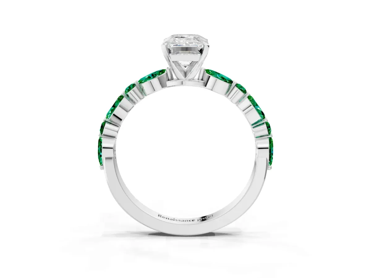 Emerald Cut Diamond Ring with Marquise and Round Emerald Side Stones and Four-Prong Setting Silver