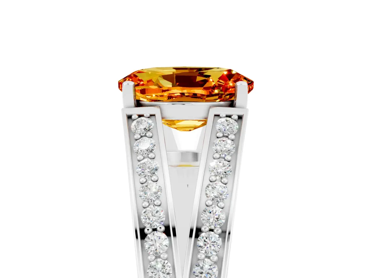 Oval Cut Citrine Split Shank Ring with Pavé Band and Four-Prong Setting White gold
