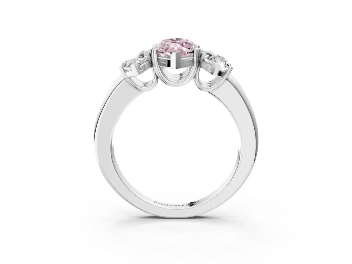 Fancy Pink Three-Stone Marquise Cut Cut Diamond Ring with Channel Set Band and Four-Prong Setting Silver