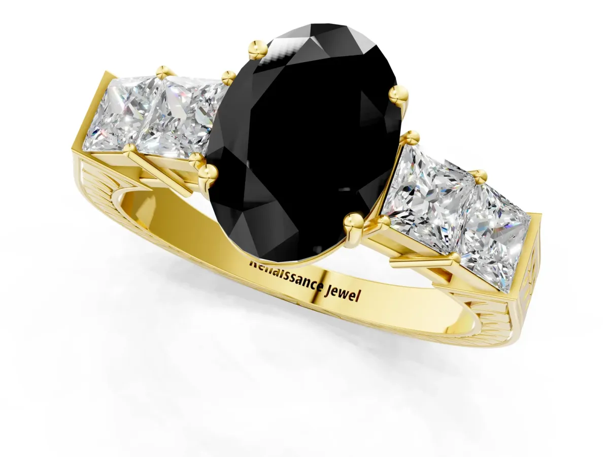 Fancy Black Oval Cut Solitaire Princess Side Stone Engraved Band Prong Setting Ring Yellow gold