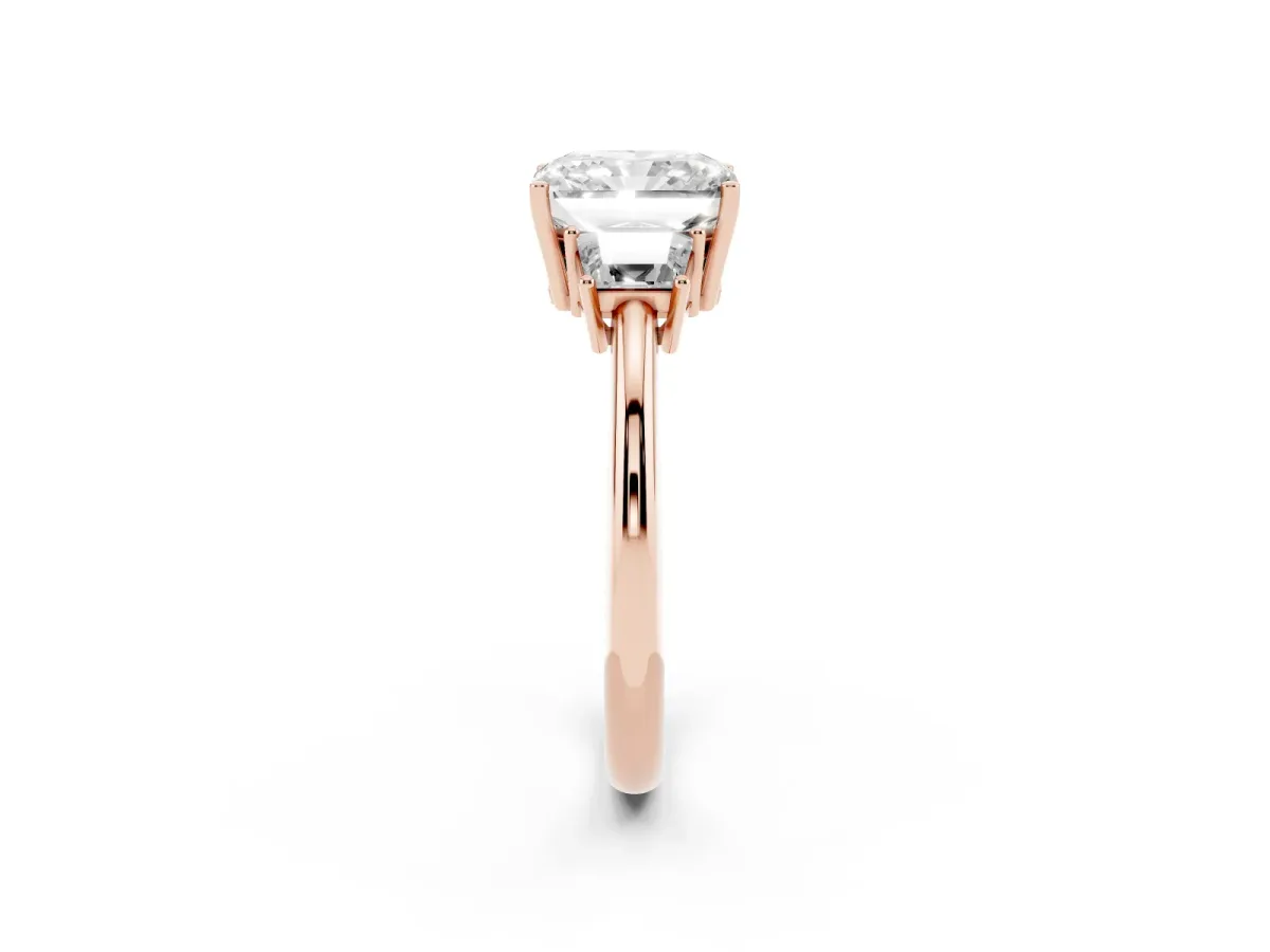 Radiant Cut Diamond Three-Stone Ring with Trapezoid Side Stones and Prong Setting Rose gold