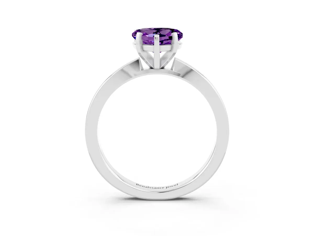 Heart Cut Amethyst Solitaire Engagement Ring with Classic Band and Four-Prong Setting Silver